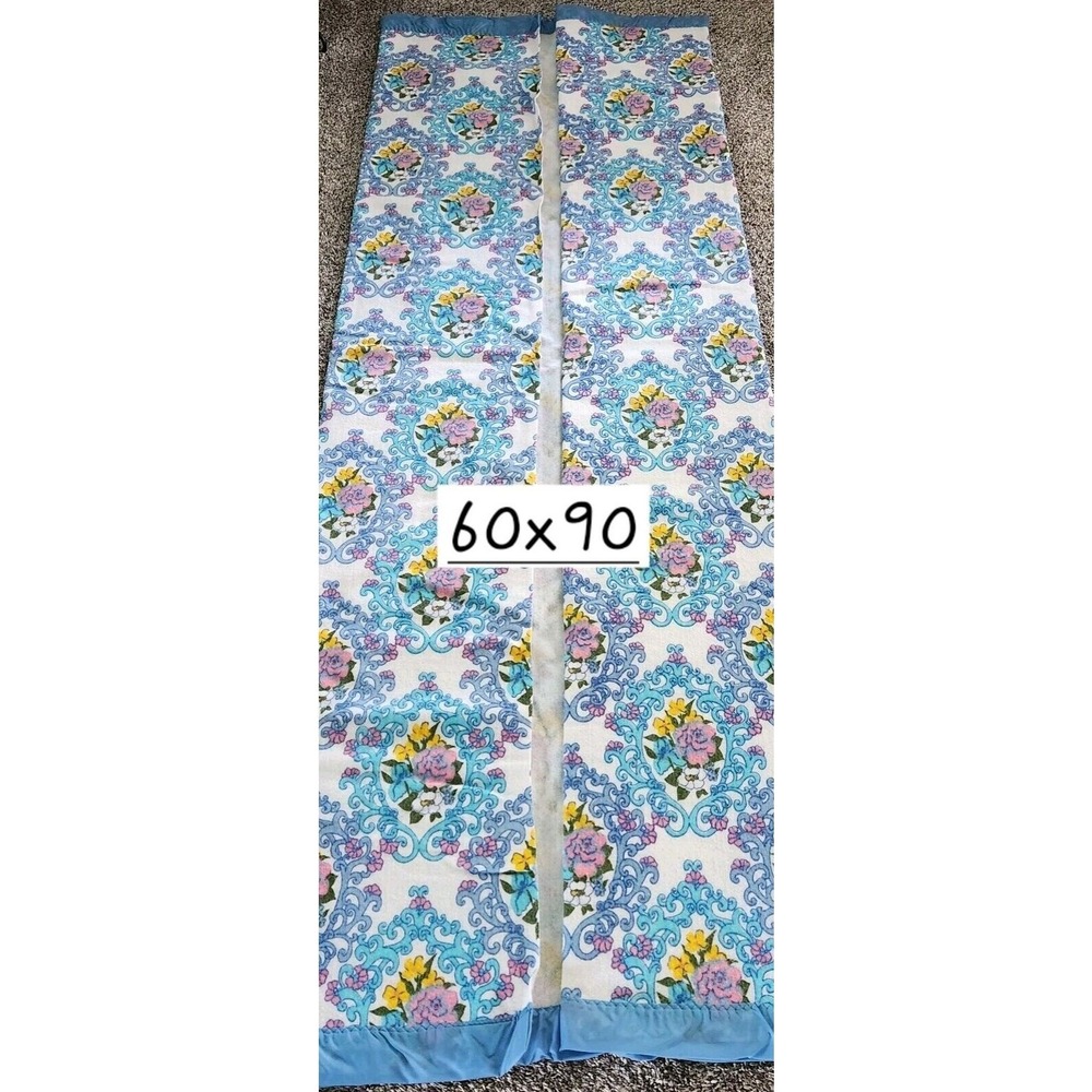 JC Penney Fashion Manor Floral Blue Satin Trim Blanket Twin Full Vintage - Picture 5 of 6